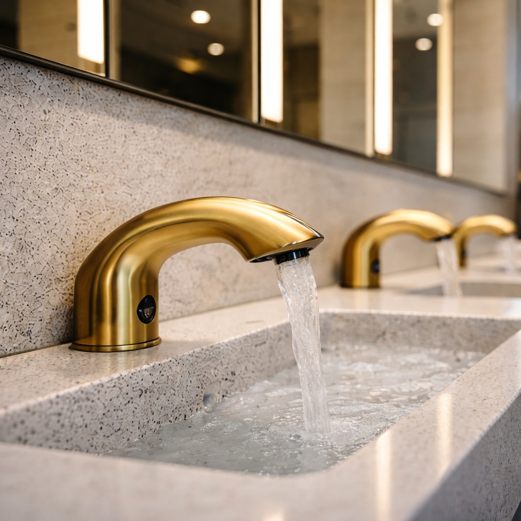 Installed commercial touchless sensor faucet FS1327 in brushed gold, deck mount on tiled wall background